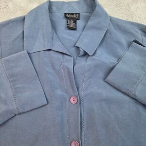 Rafaella Linen Blend Embroidered Button Down Shirt Womens Medium Blue